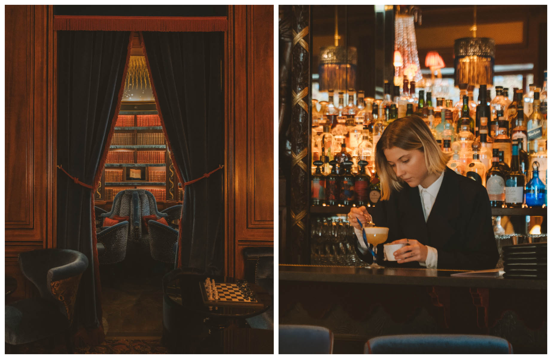 The stand-out bar at Maison Proust hotel in the Marais and the mixologist preparing a cocktail. © Joann Pai/The MICHELIN Guide