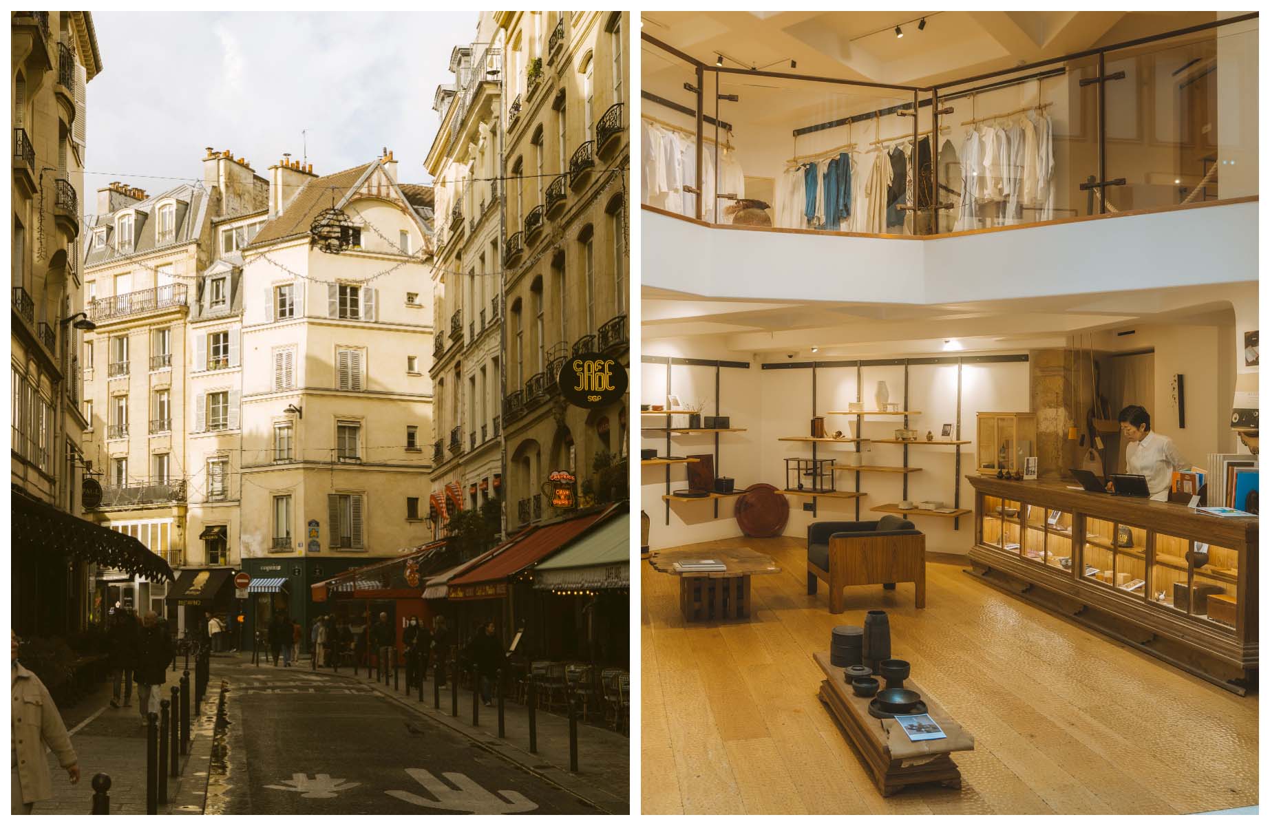 A quiet Marais backstreet and inside Ogata's shop space. © Joann Pai/The MICHELIN Guide