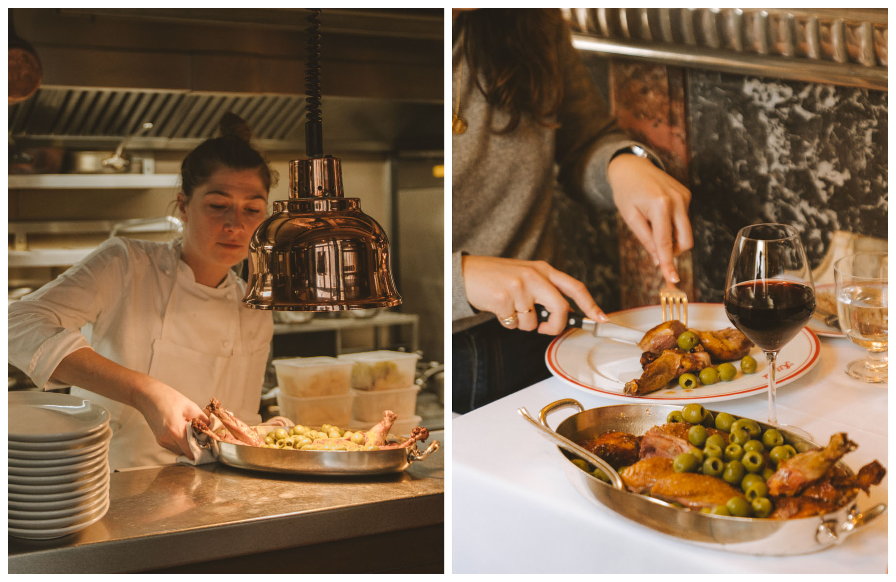 Chef Lisa Desforges in her kitchen at Allard bistro on the Left Bank, and a signature dish of duck and bright olives. © Joann Pai/The MICHELIN Guide