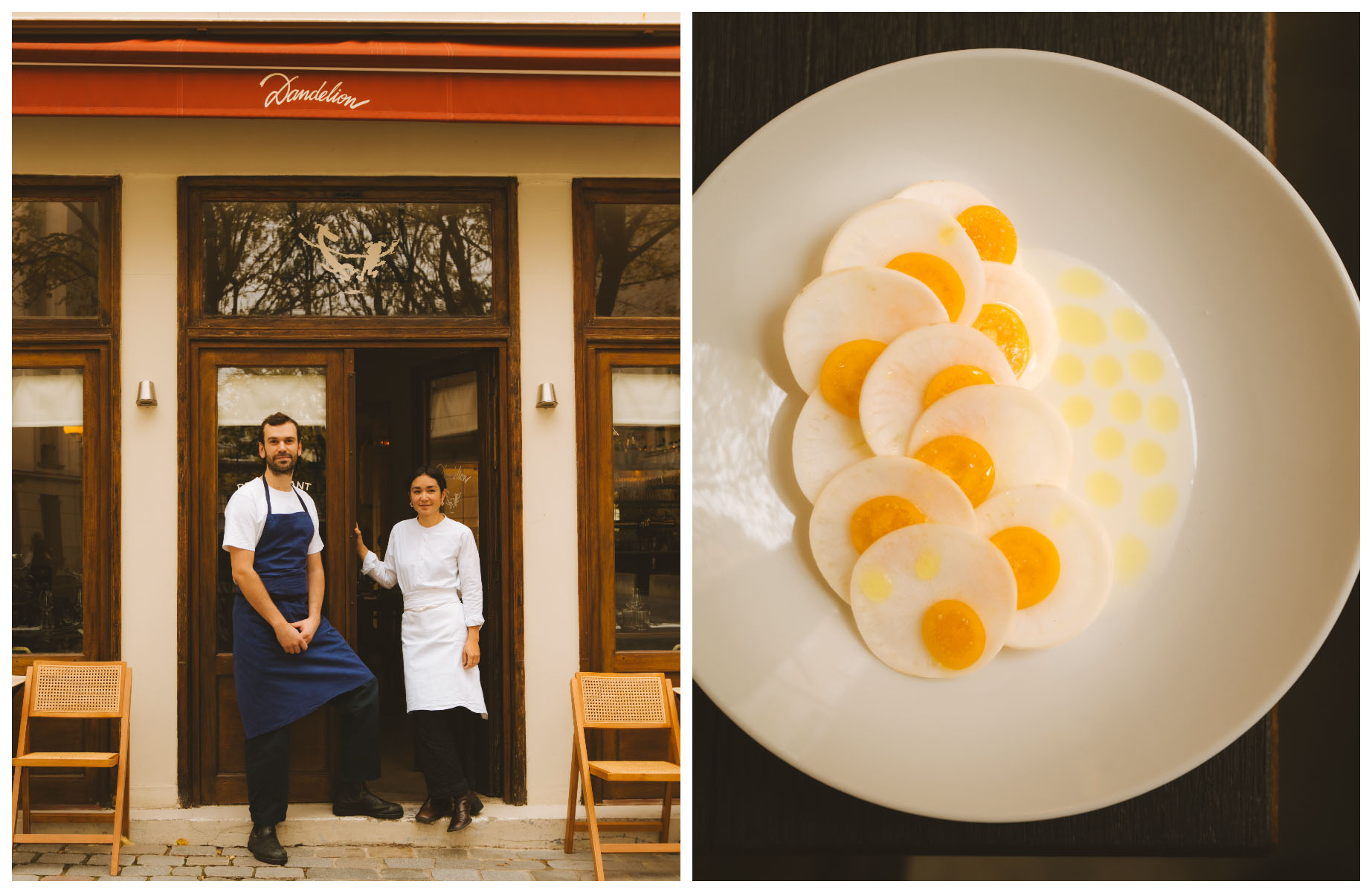 Co-owners of Dandelion, Chef Antoine Villard and sommelière Morgane Souris outside their restaurant, and a graphic dish of thinly sliced scallops. © Joann Pai/The MICHELIN Guide
