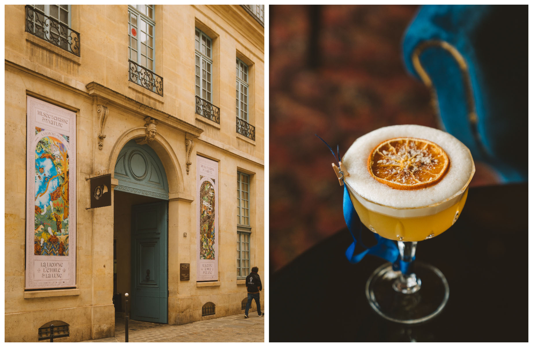 Façade of Hunting and Nature Museum (Musée de la Chasse et de la Nature) and a beautiful cocktail at Maison Proust hotel bar. © Joann Pai/The MICHELIN Guide
