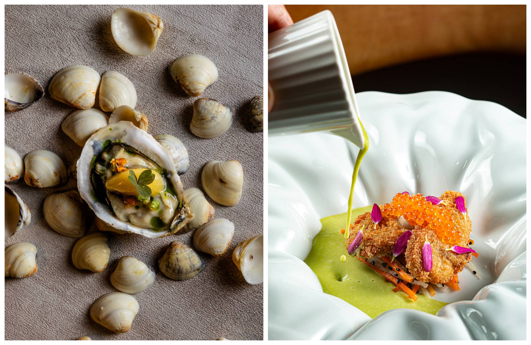À esquerda, ostra gazar acompanhada de sorvete de umbu-cajá e pimenta-de-cheiro, do restaurante Oseille, com uma Estrela MICHELIN no Rio de Janeiro. À direita, ostras crocantes com vichissoise do dia e cenoura orgânica, do Tiara, restaurante Recomendado MICHELIN. © Esquerda: Tomás Rangel/Oseille. / Direita: Vitor Faria/Tiara.