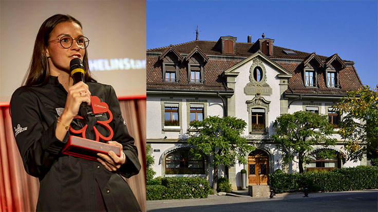 Charline Pichon bei der Preisverleihung in Lausanne; die Fassade des legendären Hôtel de Ville in Crissier © MICHELIN Guide (l.), libre de droit / Restaurant de l'Hôtel de Ville (r.)