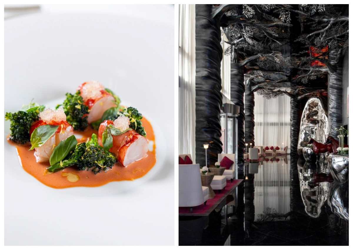 Tender lobster at IDAM by Alain Ducasse in Doha, Qatar, and the futuristic lobby at the Banyan Tree Doha at La Cigale Mushaireb. © Alain Ducasse / Banyan Tree hotels