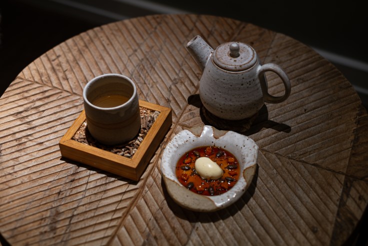 The toasted buckwheat and roasted dandelion tea at Pine is paired with pumpkin, hen of the woods and kelp. © Luke Riley