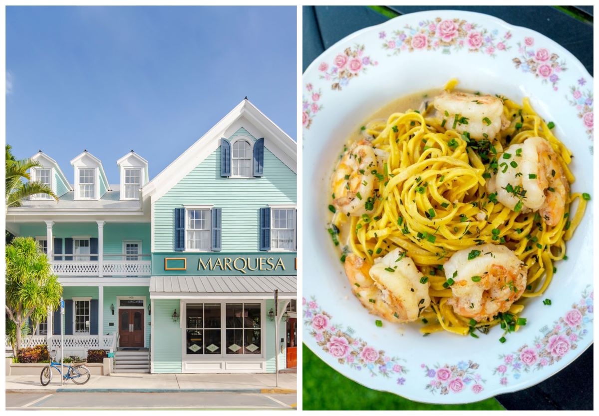 The Two-Key Marquesa hotel in the Florida Keys and seared prawns with saffron cream on fettuccine pasta at The Tides Market in Safety Harbor. © Marquesa, Kiera Andrews