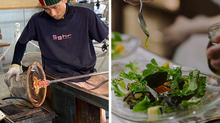 再加熱したガラスを作業台で成形する（左）、蘇った皿が再び厨房で使われる、料理は「Chapter II − Harvest  Journey 12月26日のお野菜の旅」メニューには提供された日付が記される（右） © Sugahara Glassworks / © L’Effervescence