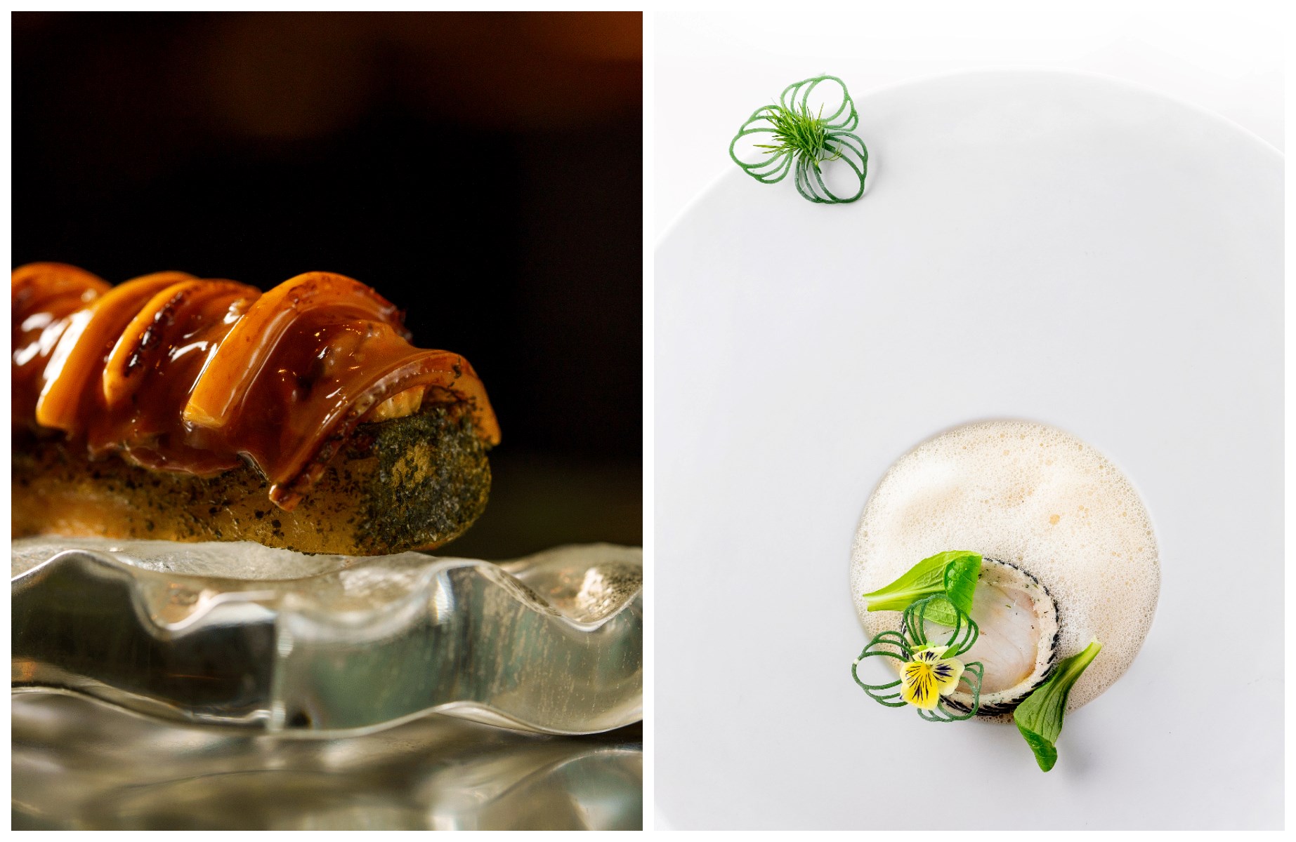 Helena Rizzo highlights Ivan Ralston's refined technique at Tuju and Luiz Filipe Souza's creativity in Evvai's sensory menu. © Left: Rubens Kato/Tuju. / Right: Tadeu Brunelli/Evvai.