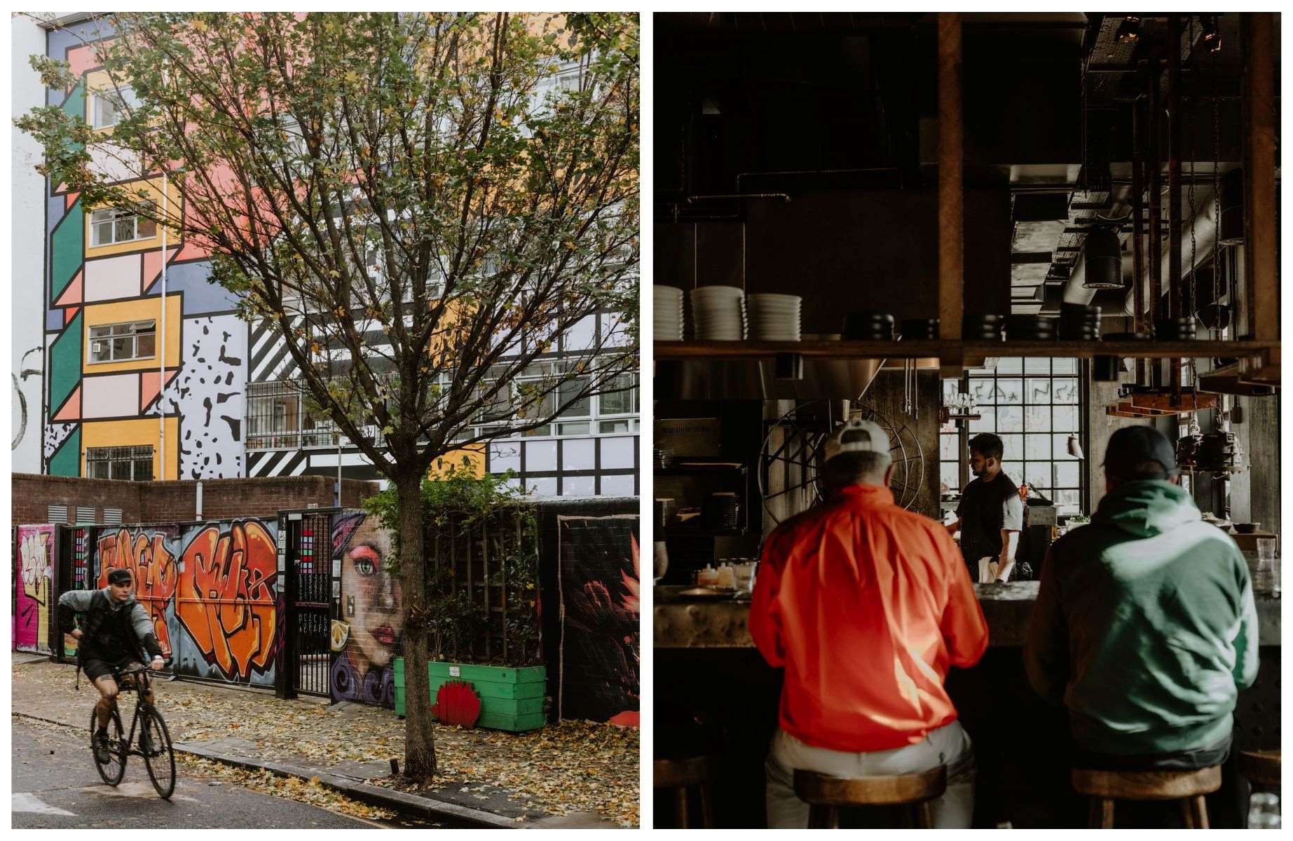 Street art in Shoreditch, including works by Apparan, Camille Walala and NFA, plus diners at the counter of Smokestak. © Joanna Yee/The MICHELIN Guide