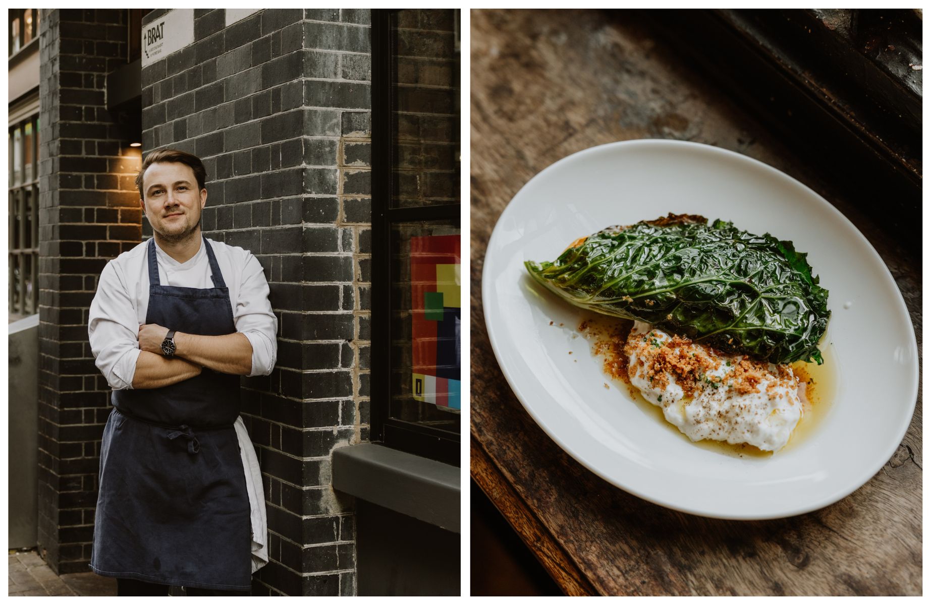 Tomos Parry, pioneer of wood-fired cooking at Brat, and one of his dishes. © Joanna Yee/The MICHELIN Guide