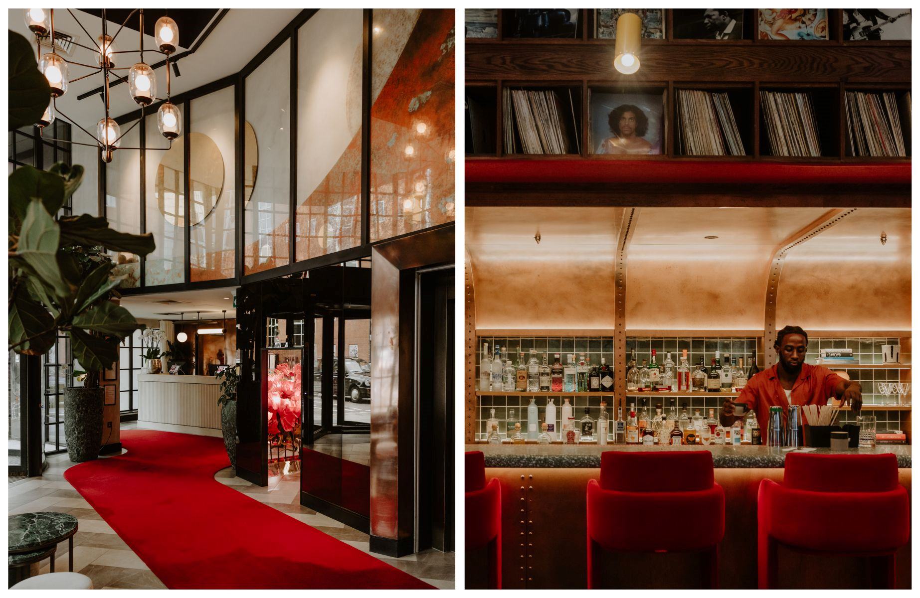 Virgin Hotel Shoreditch's lobby and Hidden Grooves vinyl bar, both sporting signature red. © Joanna Yee/The MICHELIN Guide