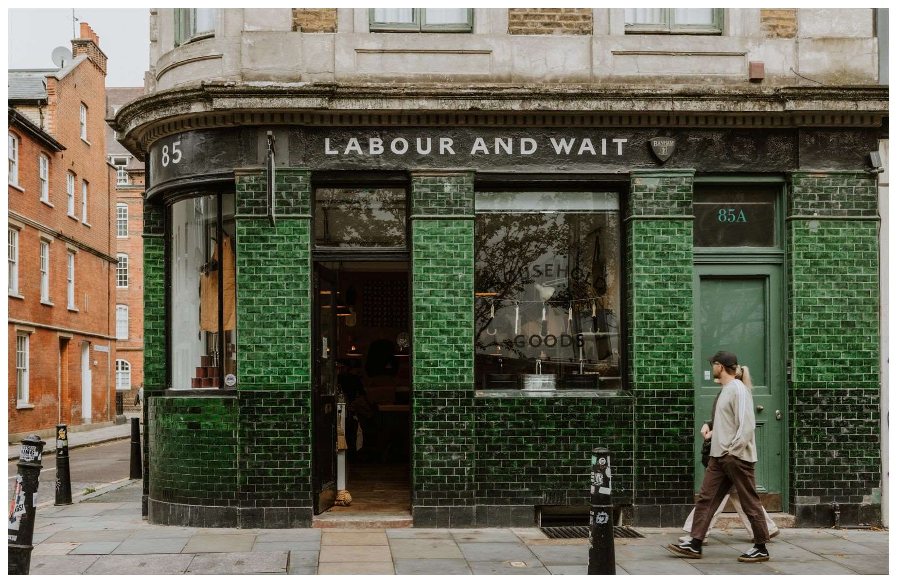 Clothing and homeware shop Labour and Wait, showcasing the East End's signature green tiles. © Joanna Yee/The MICHELIN Guide
