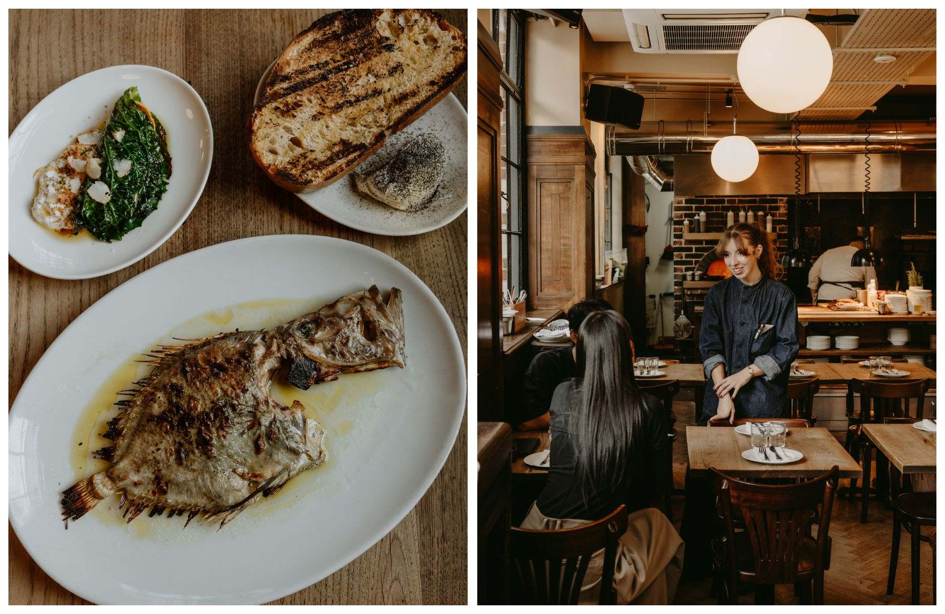 Whole fish, a Brat speciality, and the restaurant's rustic open-plan dining room. © Joanna Yee/The MICHELIN Guide
