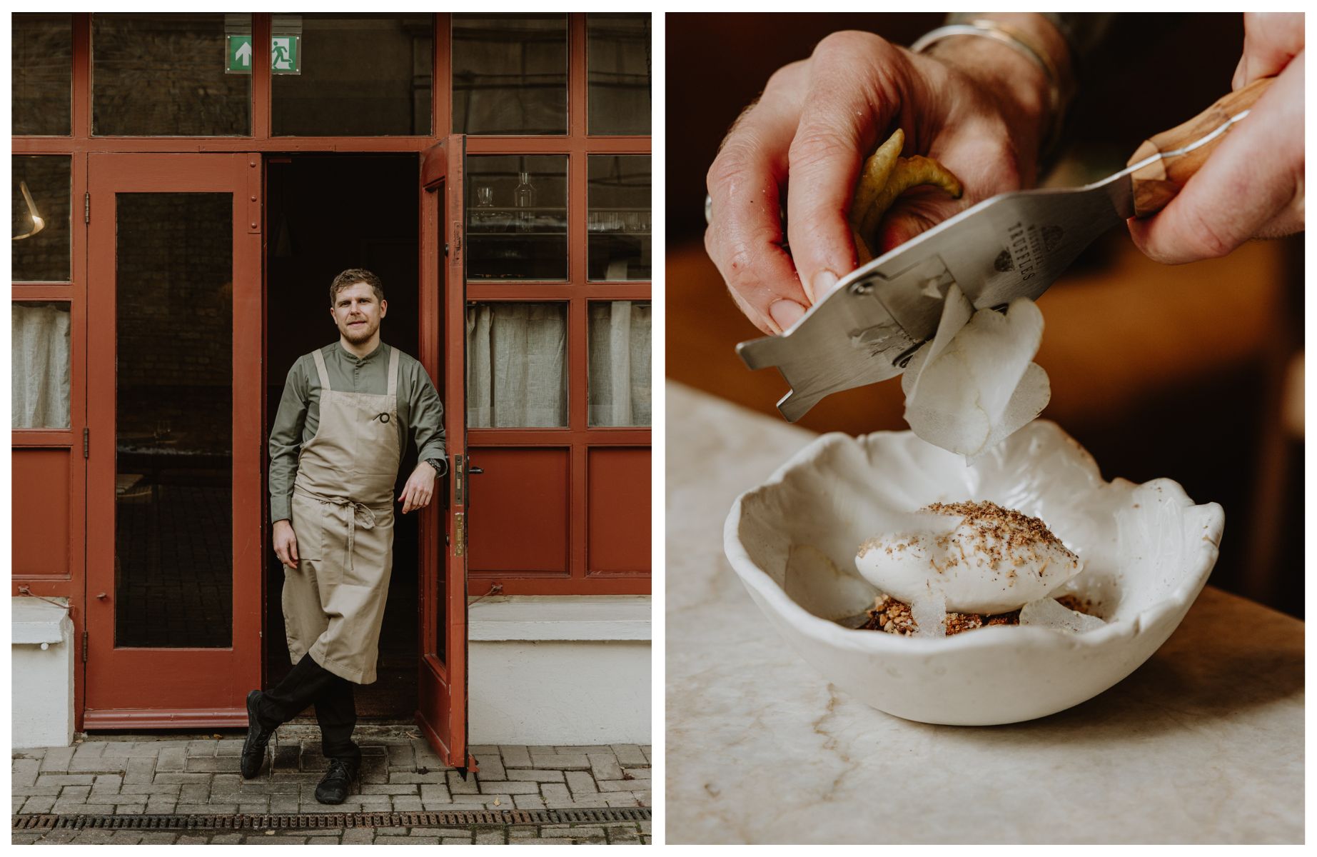 Chef Kirk Haworth, outside Plates London and grating Buddha's hand onto a dessert. © Joanna Yee/The MICHELIN Guide