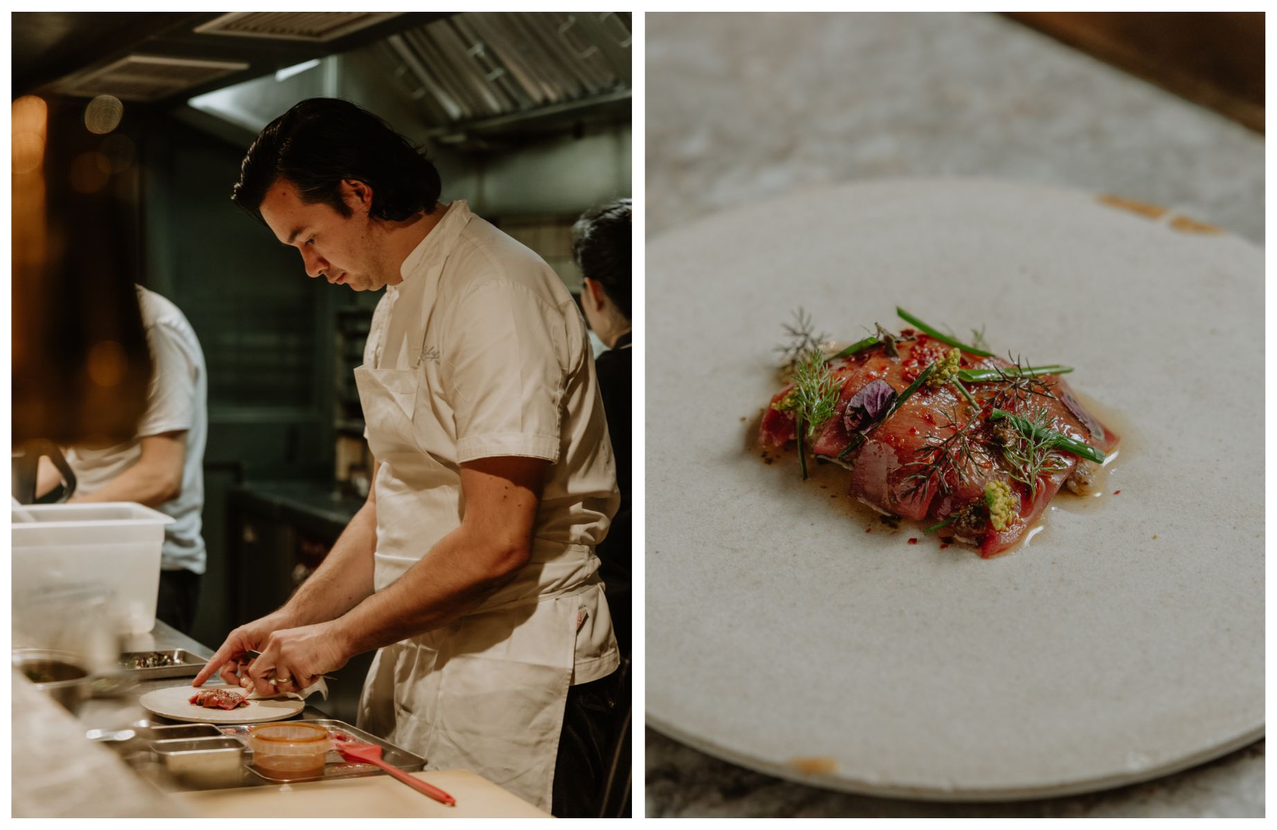 Seamus Sam plating up a delicate dish at Evelyn's Table. © Joanna Yee/The MICHELIN Guide