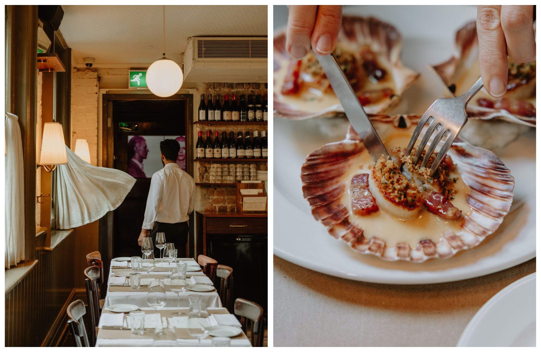 The Devonshire's upstairs dining room and a scallop dish from Chef Ashley Palmer-Watts. © Joanna Yee/The MICHELIN Guide