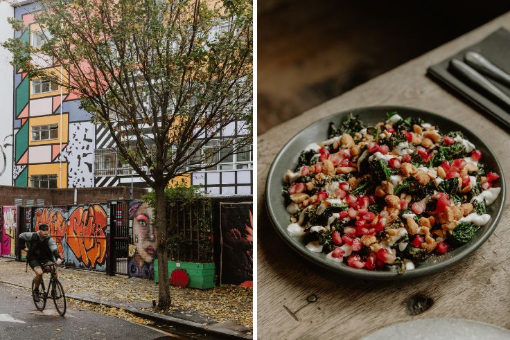 Shoreditch's street art, including works by Camilla Walala, Apparan and NFA, plus the charred greens from Smokestak. © Joanna Yee/The MICHELIN Guide
