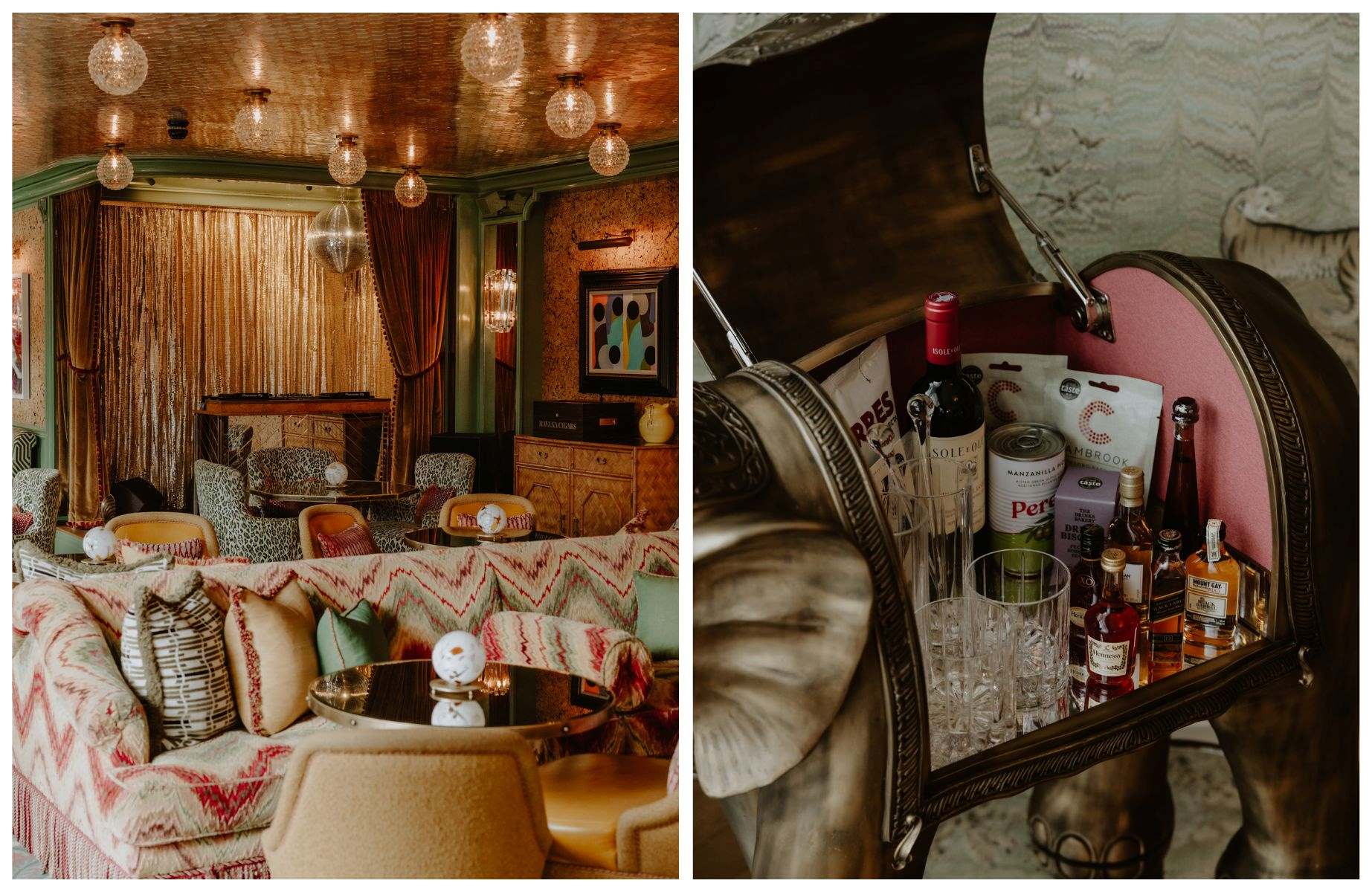 Broadwick Soho's colourful bar and the playful, elephant-shaped minibar in some of the rooms. © Joanna Yee/The MICHELIN Guide