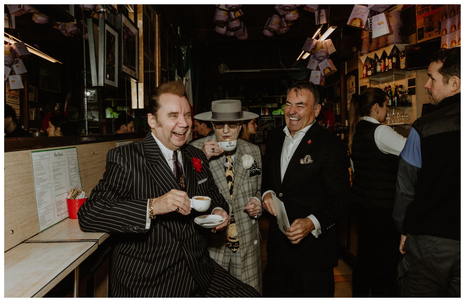 From left: Bar Italia regulars David Saunders and George Skeggs ('Soho George') and the bar's owner, Antonio Polledri. © Joanna Yee/The MICHELIN Guide