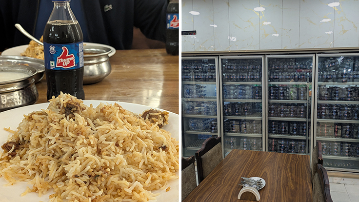 At a biryani restaurant in India. The classic pairing of biryani and cola (left). Refrigerators filled with chilled cola at a popular shop (right). © Biriyani Osawa