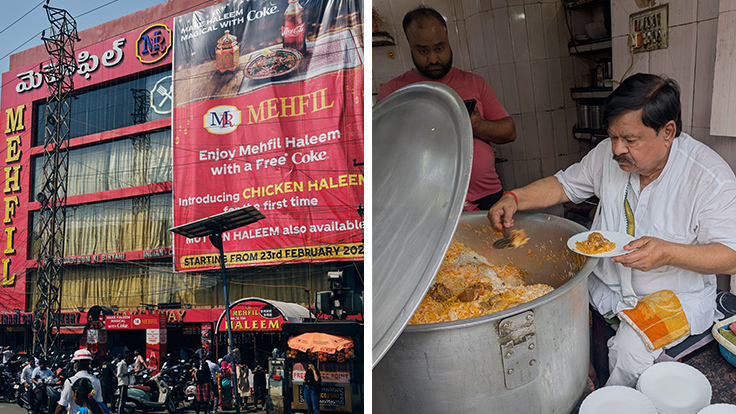 A large-scale biryani restaurant in Hyderabad (left) and a street stall operation (right)© Biriyani Osawa