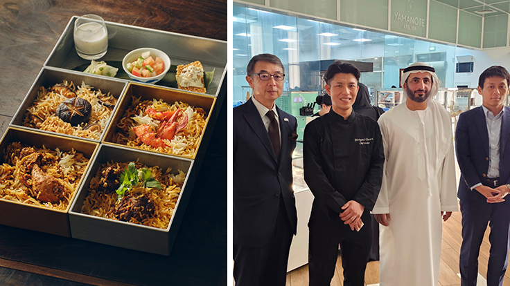 At the Dubai pop-up event, four types of biryani were served — mutton, chicken, shiitake mushroom and lobster (left). From left: Jun Imanishi, Consul General of Japan in Dubai; Takamasa Osawa, owner-chef of Biriyani Osawa; Sheikh Suhail Al Maktoum, founder of Yamanote Atelier; and Kenta Shiraki, Deputy Consul General of Japan in Dubai (right). © Biriyani Osawa
