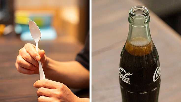 Enamel spoons, chosen to ensure the biryani is enjoyed at its best (left). Cola chilled to minus one degree Celsius, forming a thin film of ice when opened (right)  © Hisashi Yoshino / the MICHELIN Guide