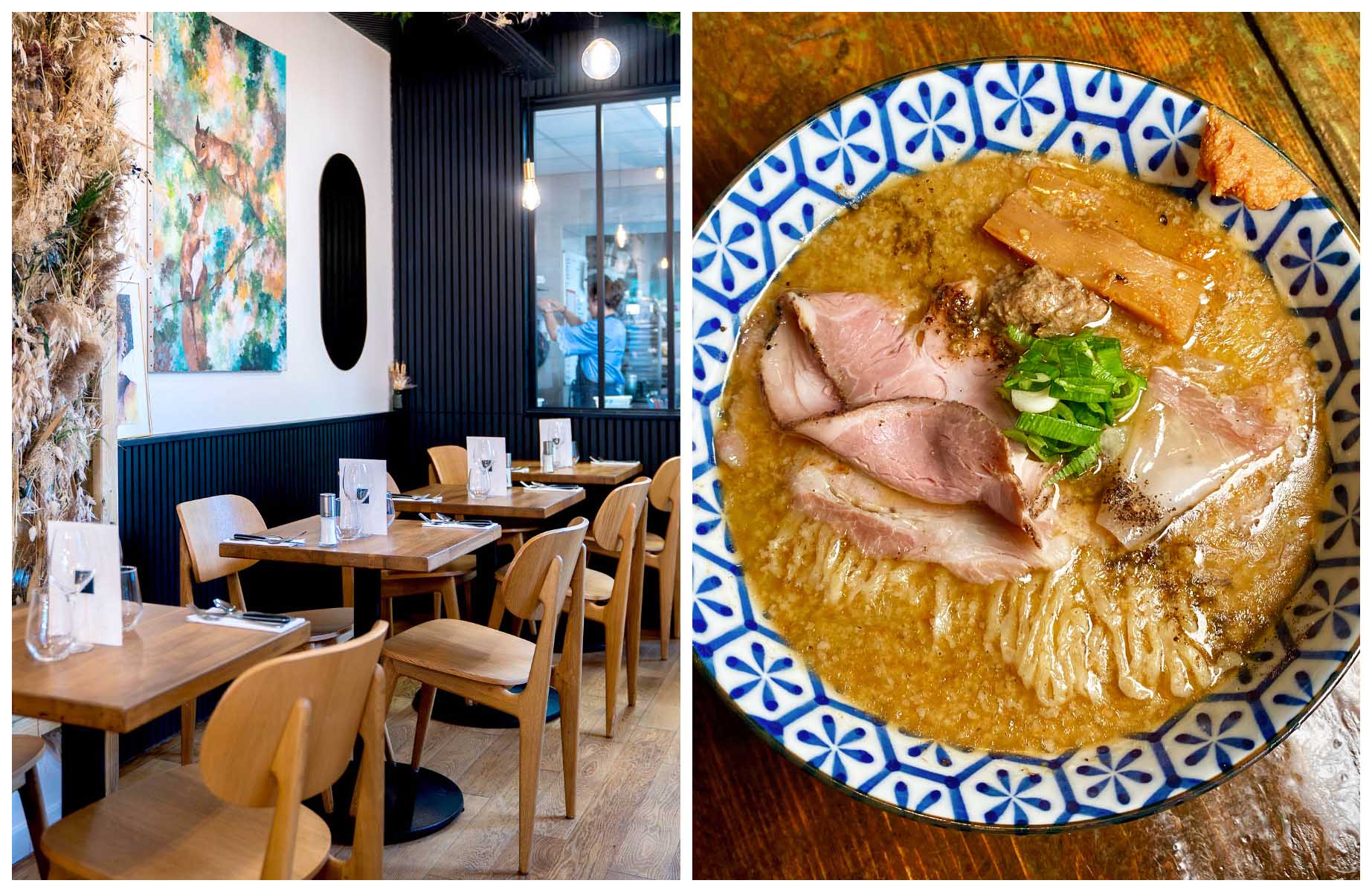 Inside affordable restaurant Farouche restaurant and a ramen at Kodawari Ramen in Paris. © Farouche, © Kodawari Ramen