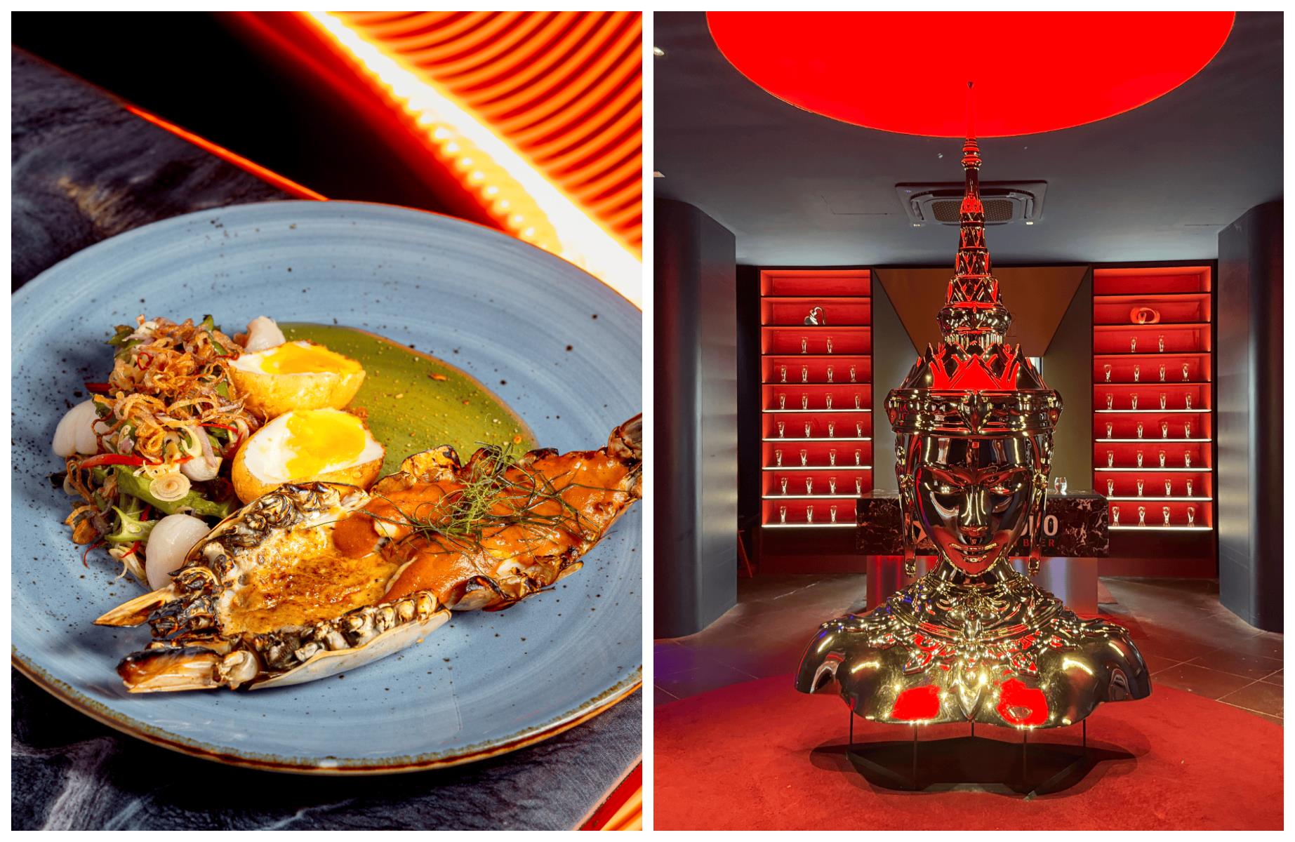 Housed in a 150-year-old heritage building, Sood blends traditional Thai flavors with modern flair — like grilled river prawns with sweet-spicy sauce — set in a vibrant, music-filled atmosphere. © Sood by Chef Ton