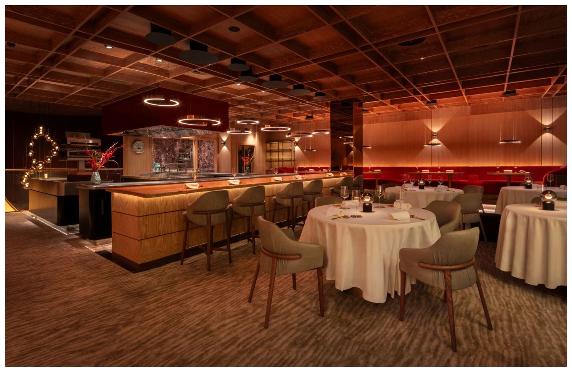 Row on 5's good-looking dining room with an open-kitchen counter. © John Carey/Row on 5