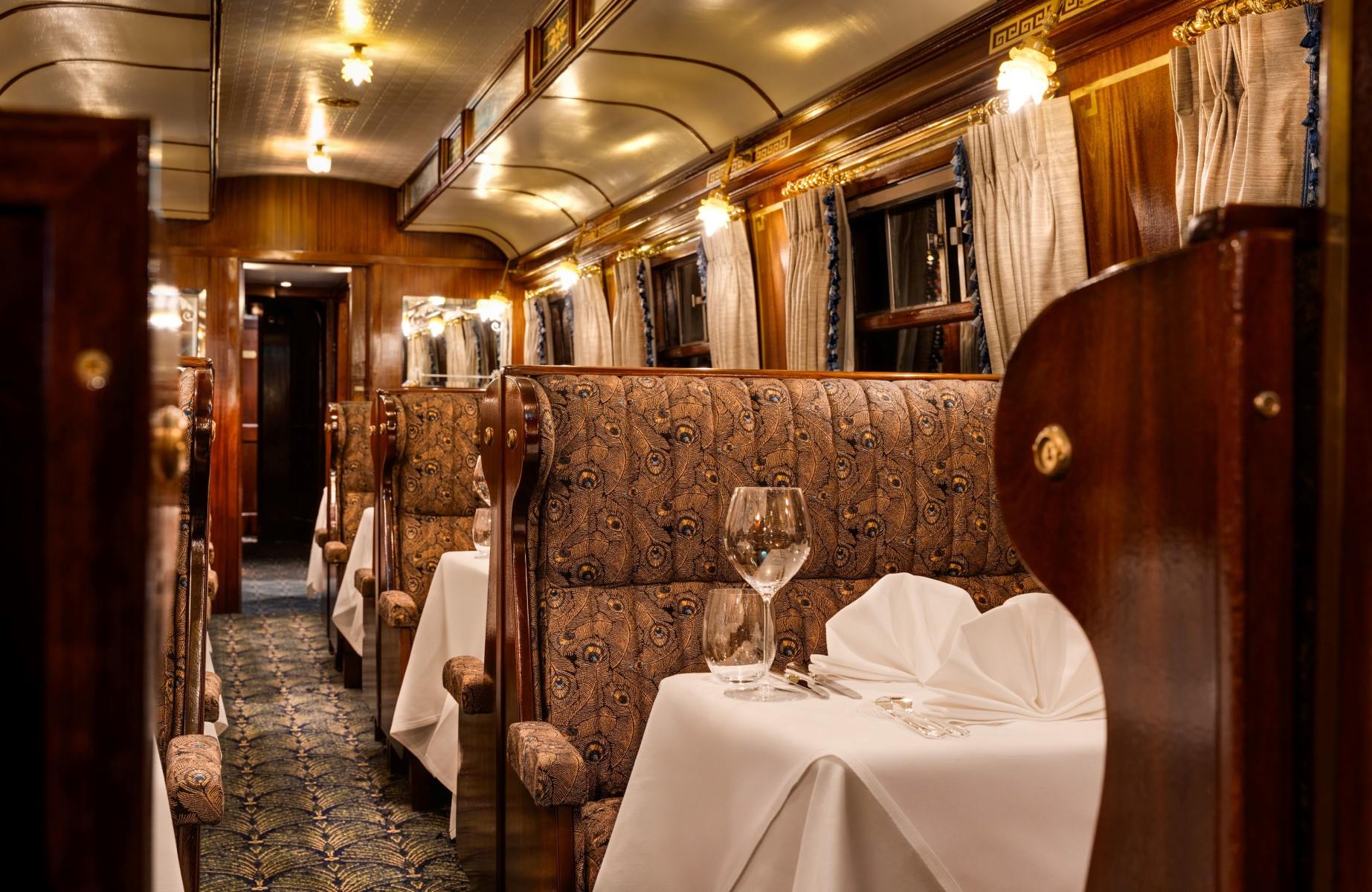 One of the converted Orient Express train carriages used as an elegant dining room. © Eric Harford/The Pullman
