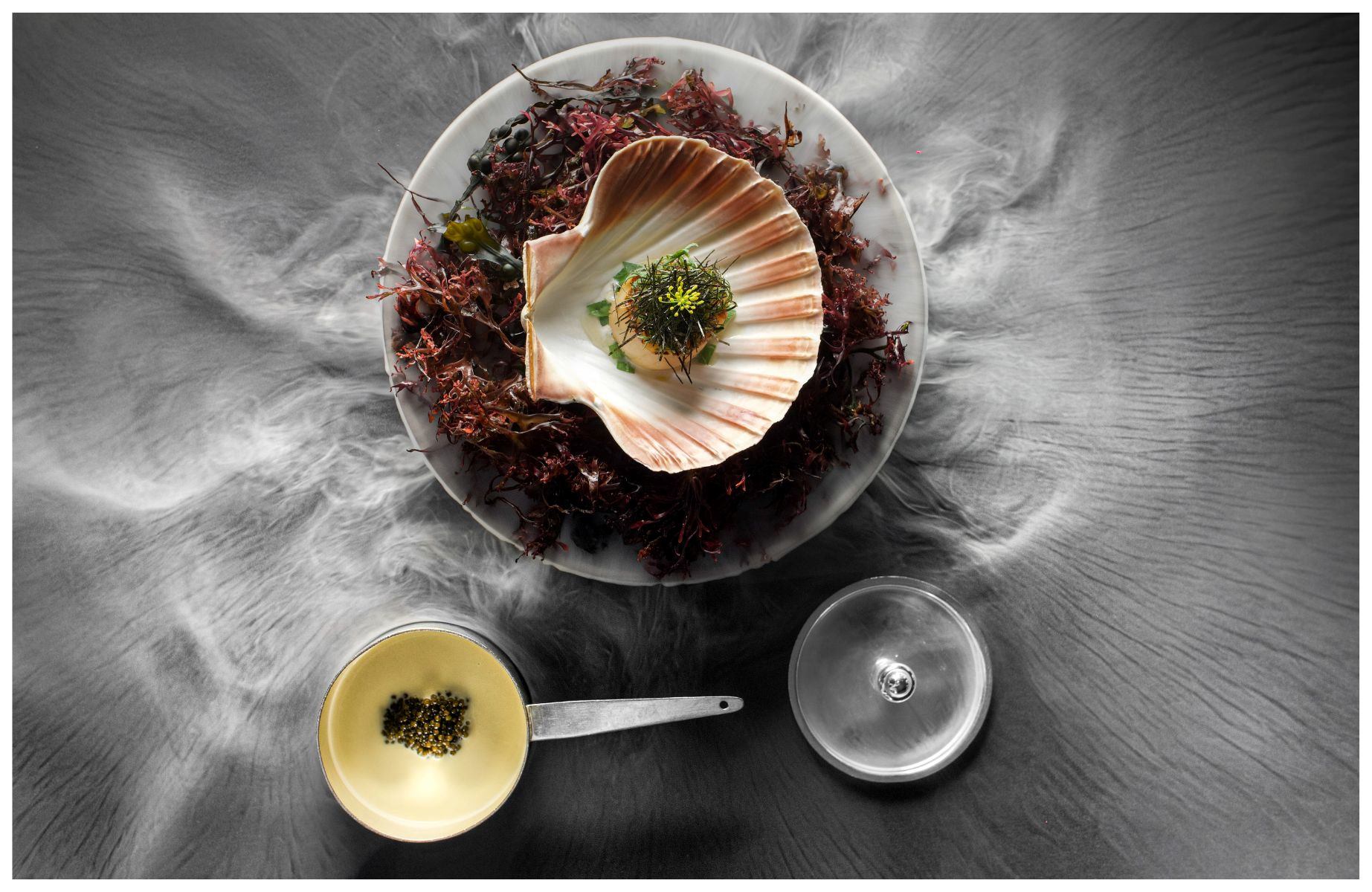 'Hand-Dived Scallop, Citrus Beurre Blanc and Kristal Caviar' from Alain Ducasse at The Dorchester, London. © Jordan Sapally/Alain Ducasse at The Dorchester