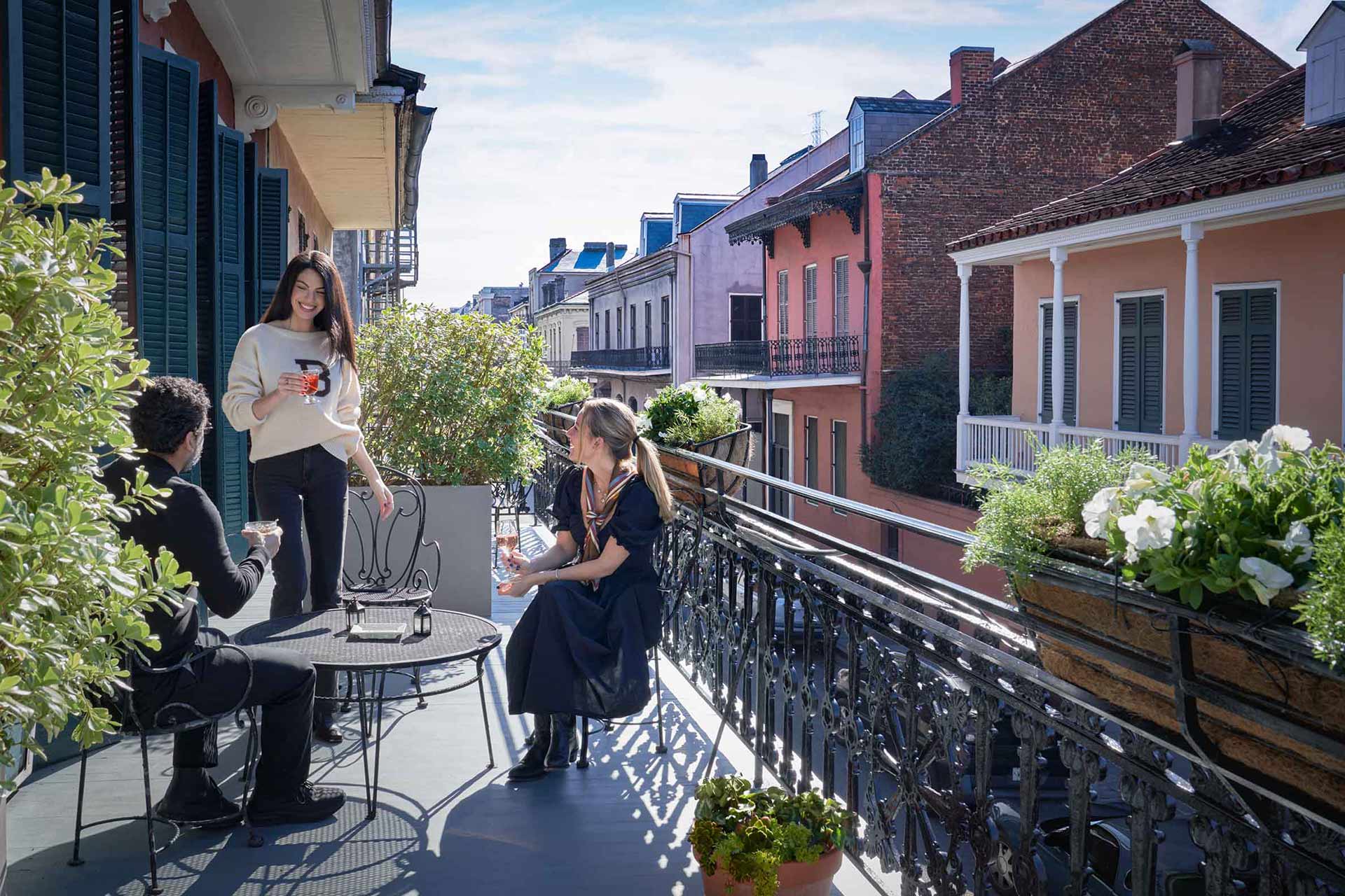 The large, gallery-style balcony overlooking Toulouse Street. © Paul Costello/The Celestine