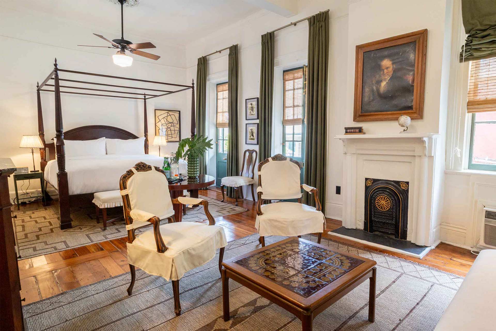 Suite Henriette, one of two suites at the Celestine, with a King Bed and French doors that open onto the courtyard. © Carlos M. Silva/The Celestine