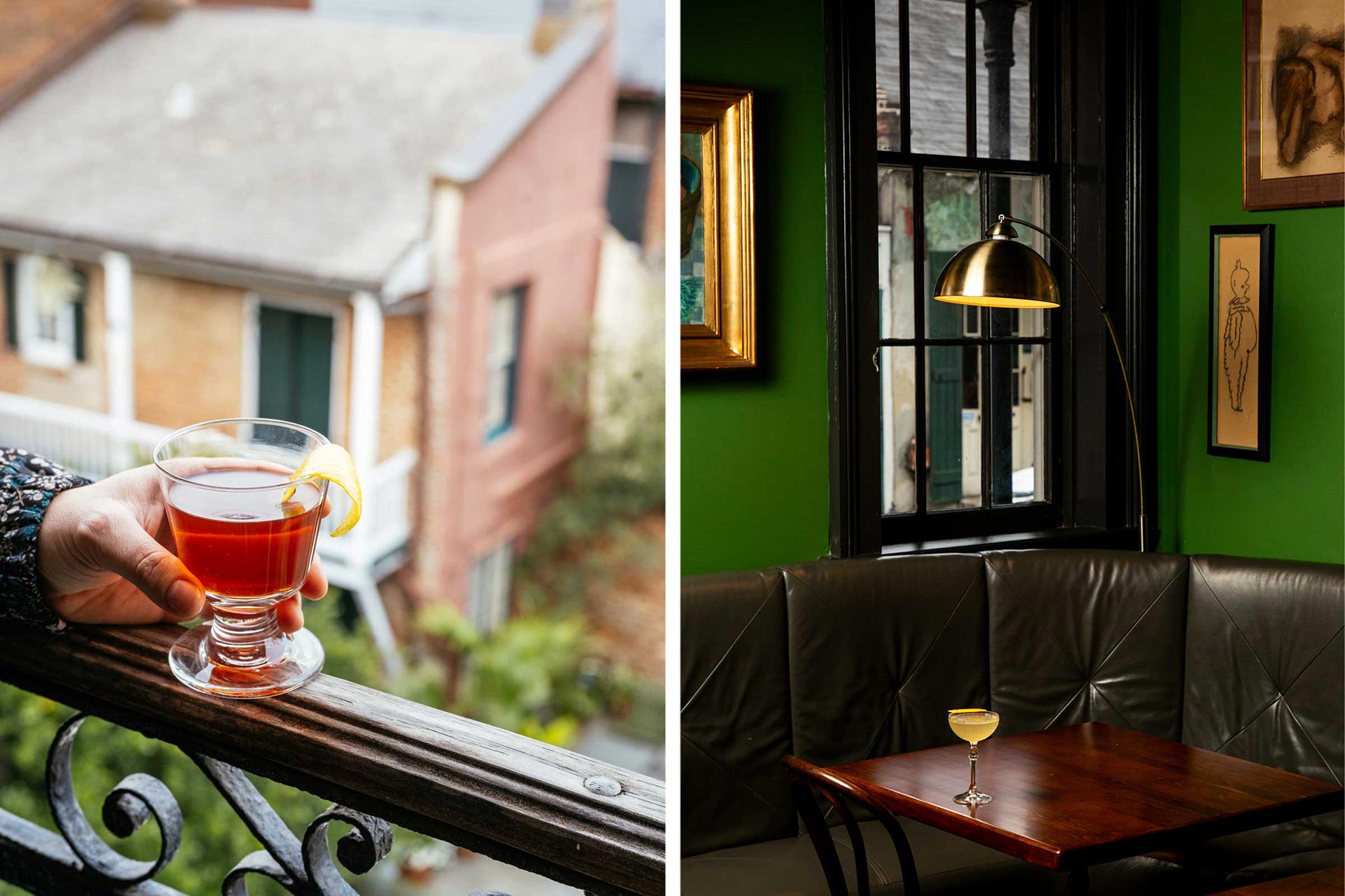 A Sazerac over Toulouse Street and a cocktail inside at Peychaud's. © Rush Jagoe/The Celestine, © Randy Schmidt/The Celestine