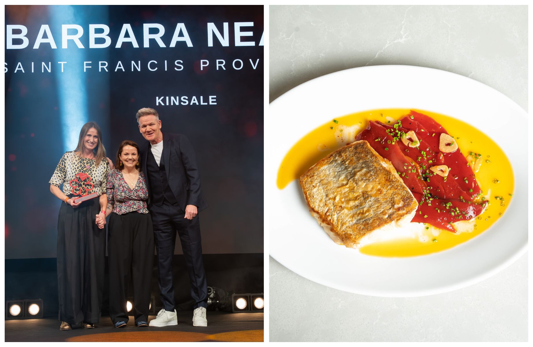 Barbara Nealon on stage with her chef Rebeca Recarey Sanchez and special guest presenter Gordon Ramsay, alongside one of the dishes from Saint Francis Provisions. © The MICHELIN Guide, © John Allen/Saint Francis Provisions