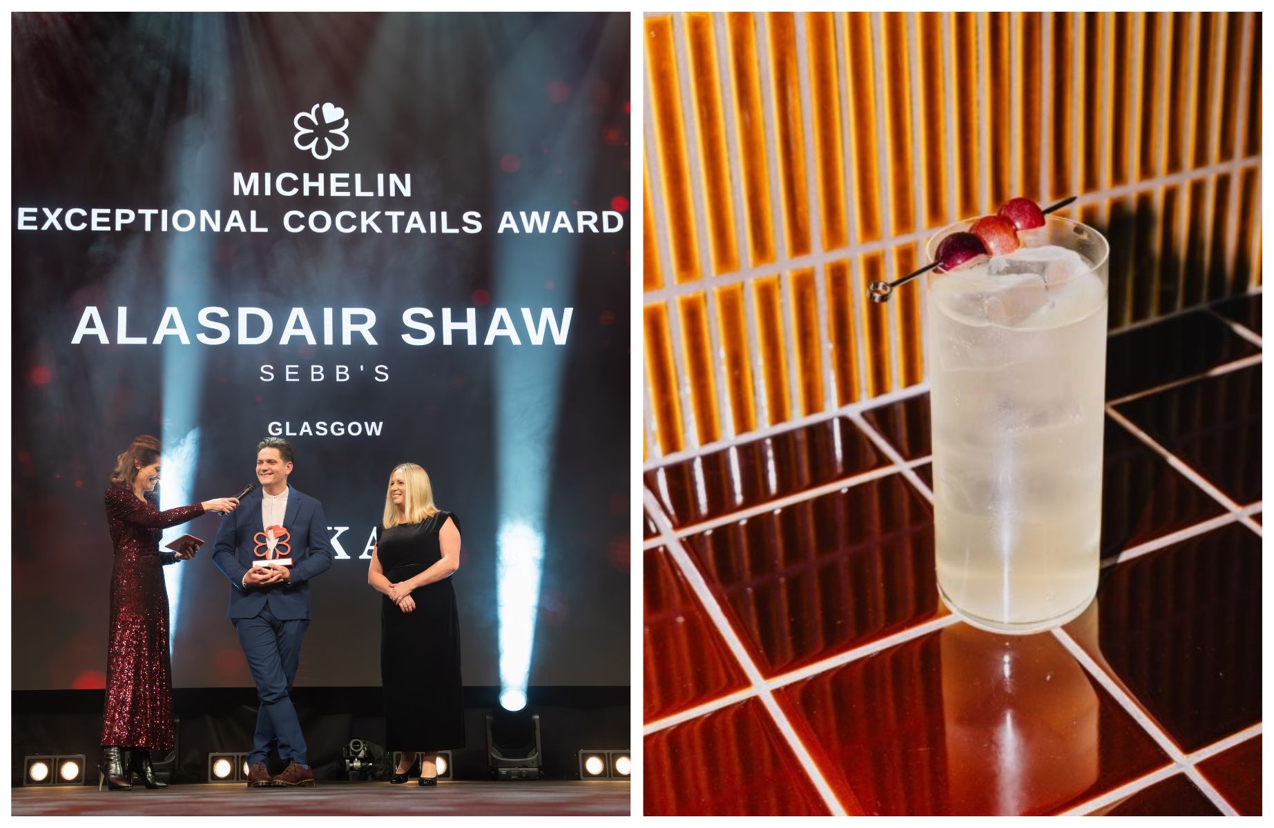 Exceptional Cocktails Award winner Alasdair Shaw and one of his bespoke drinks from Sebb's in Glasgow. © The MICHELIN Guide, © Connor Stewart/Sebb's