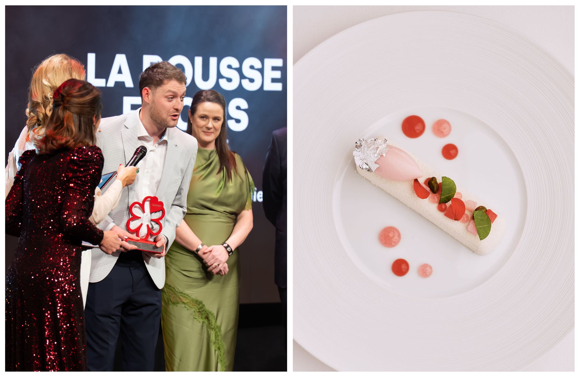 Tom Earnshaw accepts the Young Chef Award, and one of his desserts at Bohemia. © The MICHELIN Guide, © Olly Jones/Bohemia