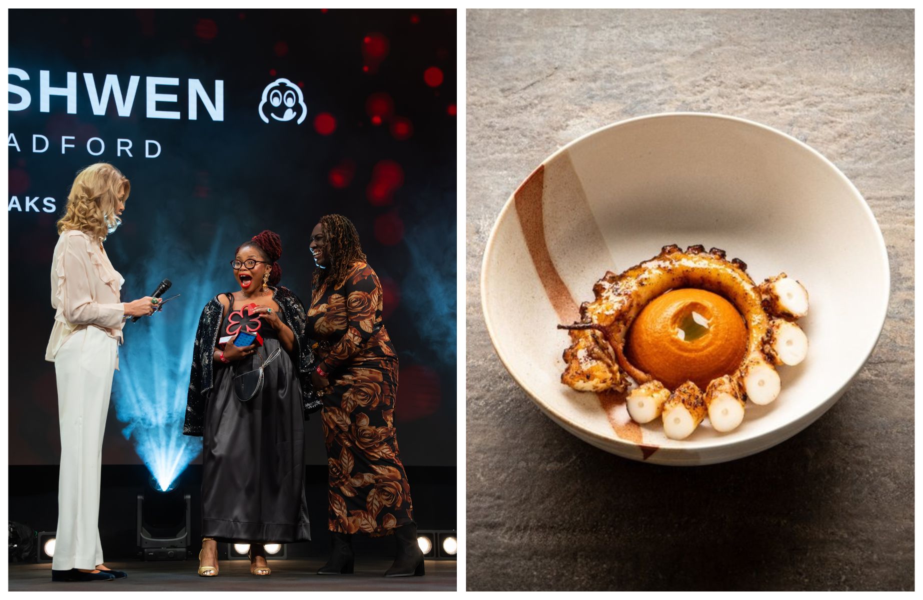 Maria Bradford on stage at The MICHELIN Guide Ceremony and one of her Sierra Leonean dishes at Shwen Shwen in Sevenoaks. © The MICHELIN Guide, © Andrew Hayes-Watkins/Shwen Shwen