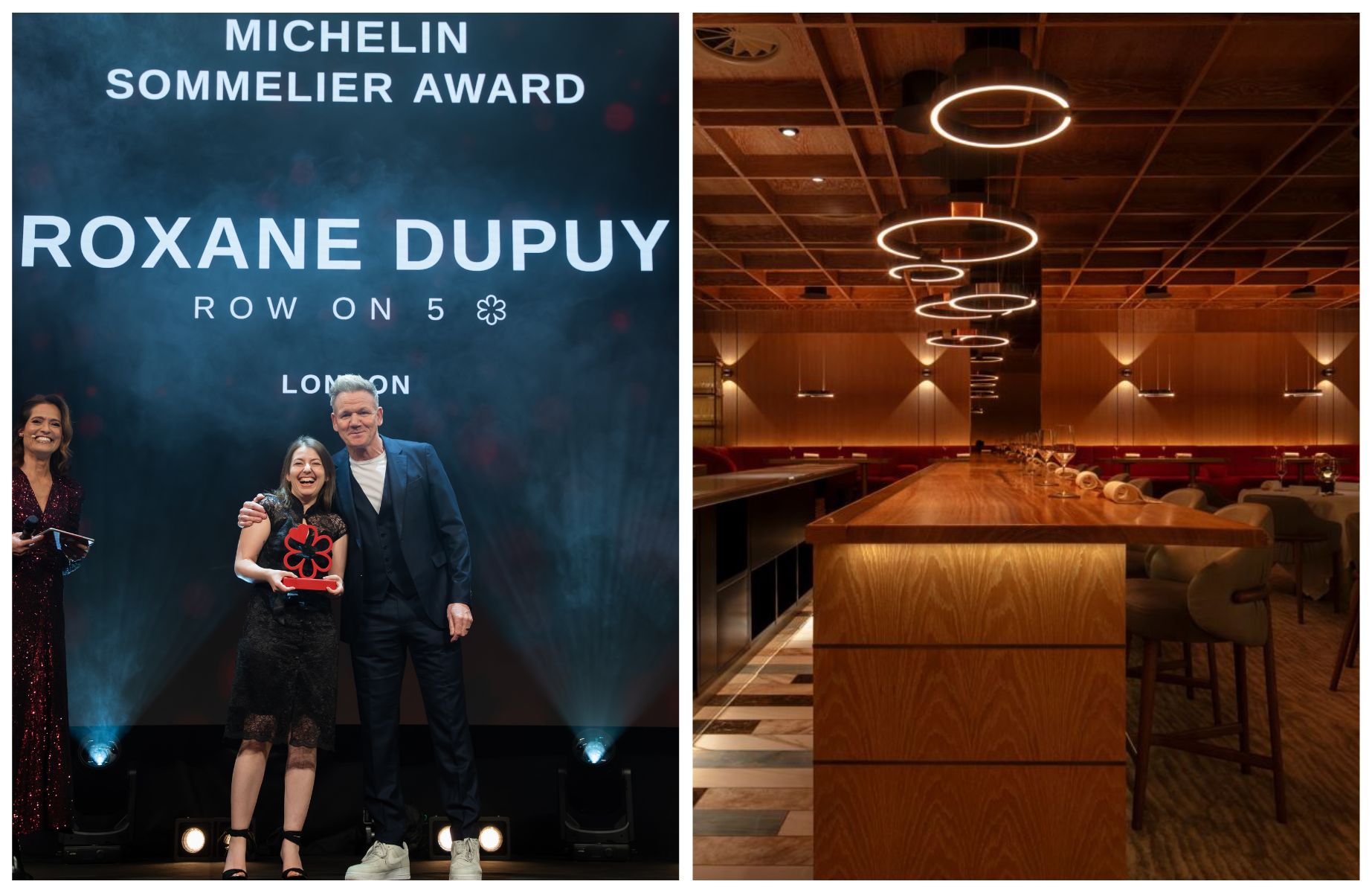 Sommelier Award winner Roxane Dupuy celebrates with Gordon Ramsay, plus the sleek dining room at Row on 5. © The MICHELIN Guide, © John Carey/Row on 5