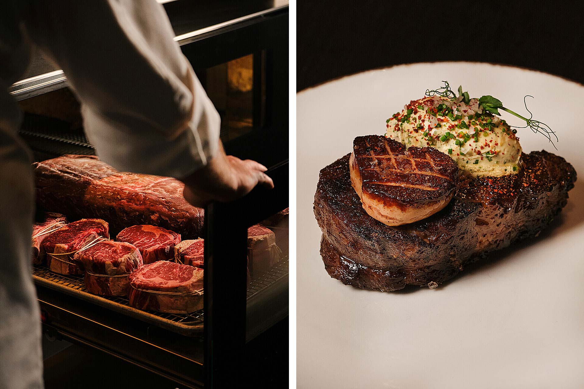 Premium cuts of dry-aged beef and steak topped with foie gras and herb compound butter at Capa. © Four Seasons Hotels and Resorts/Capa