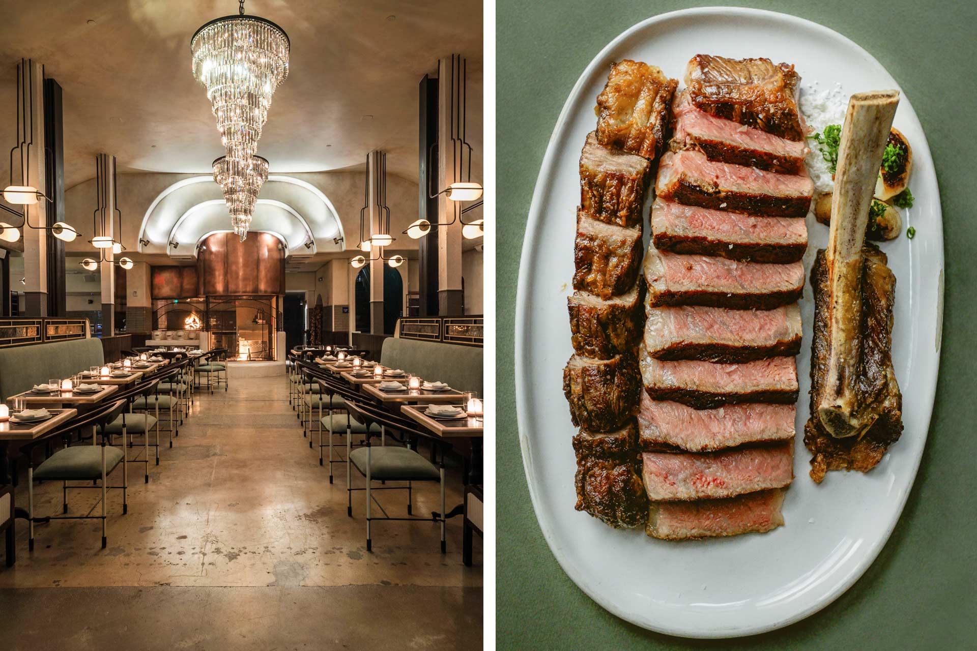 The Art Deco dining room at Gwen is an elegant setting for dishes like Tomahawk steak. Left: © Wonho Frank Lee/Gwen | Right: © Jessica Christian/Gwen