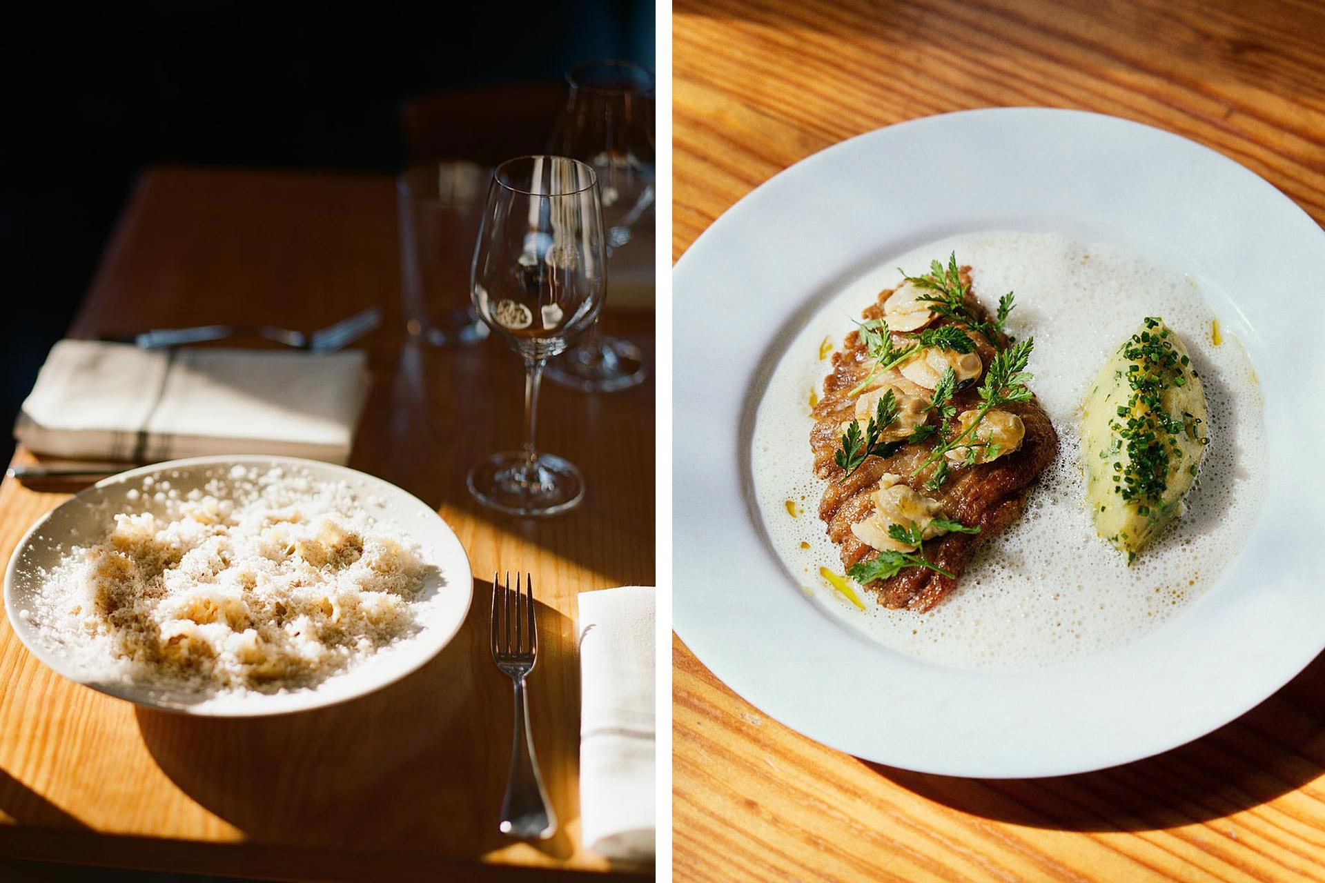 Campanelli, Rabbit, Black Pepper, Piave Vecchio and skate wing with clams, potato and leeks. © Lizzy Rollins/Vern's