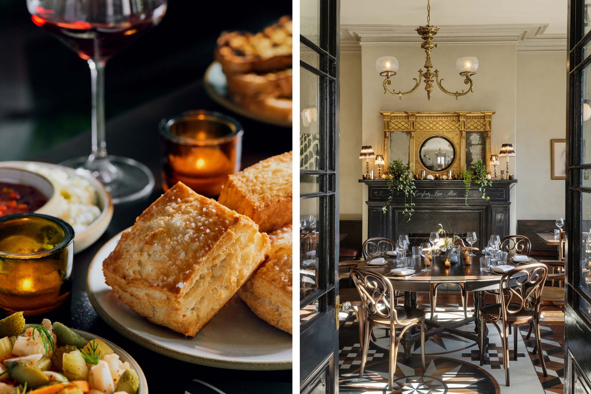 Biscuits with a side of giardiniera and dining room. © Hayden Stinebaugh/Lowland | © Matthew Williams/Lowland