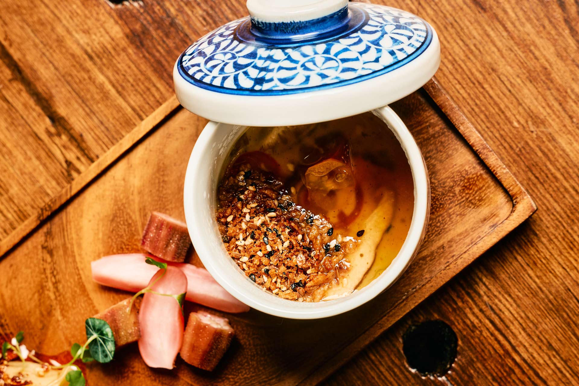 Maine lobster chawanmushi with peanuts and puffed wild rice. © Ryan Belk/Wild Common