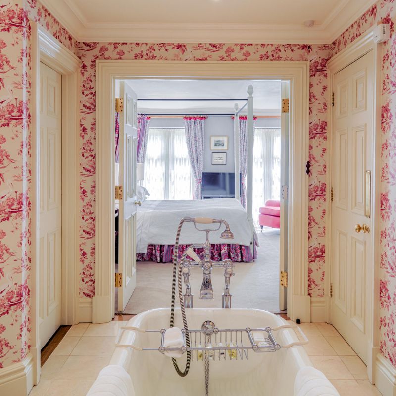 One of the Hambleton Hall guestrooms looking pretty in pink. © Hambleton Hall