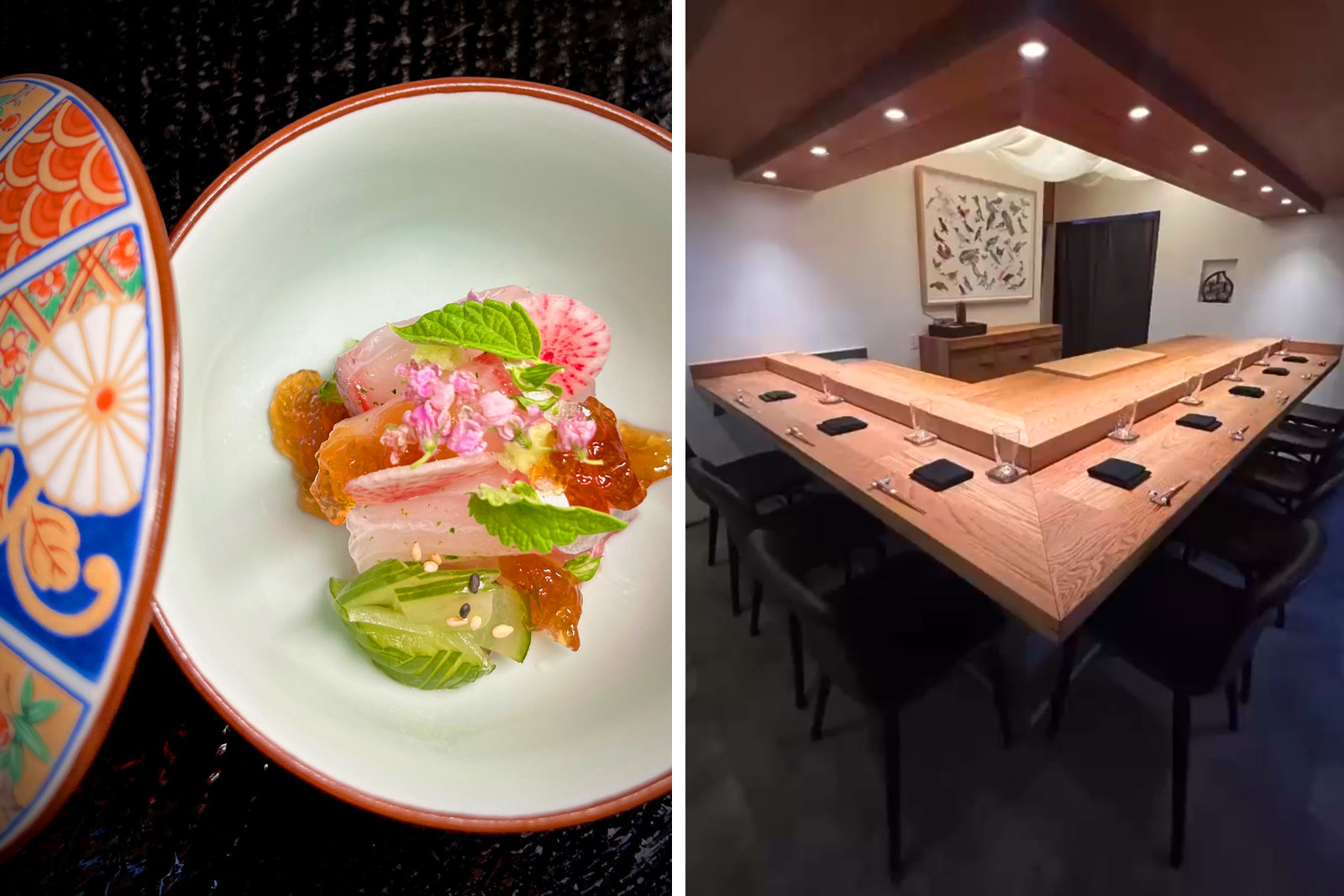 Sashimi garnished with edible flowers is just one of the items diners may encounter at the intimate counter at Kadence. © Jennifer Berdin/Kadence
