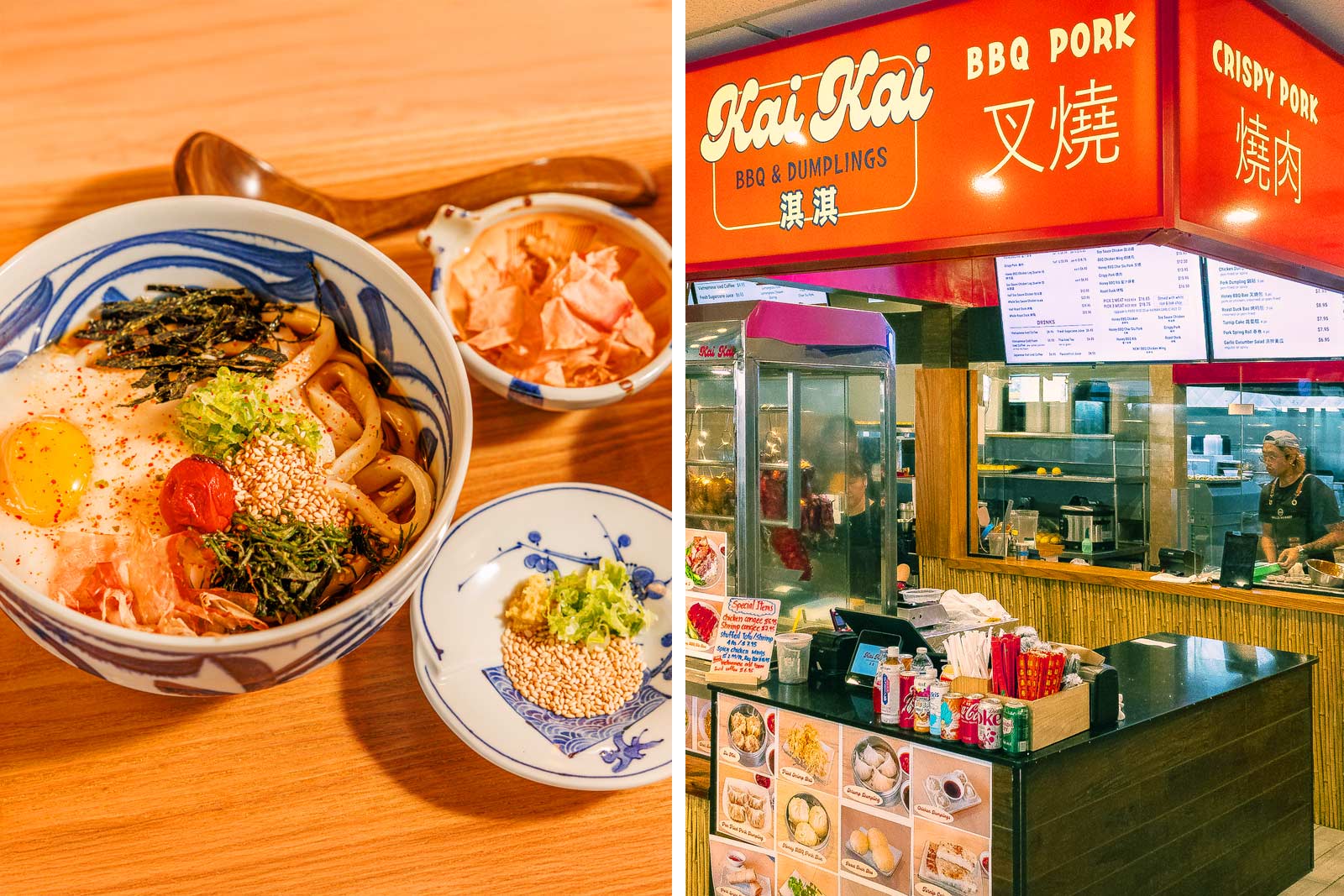 Mills Market is home to an array of spots, including Zaru, known for udon, as well as Kai Kai BBQ & Dumplings. © Micah Cox/Zaru | © Sena Suganuma/Kai Kai