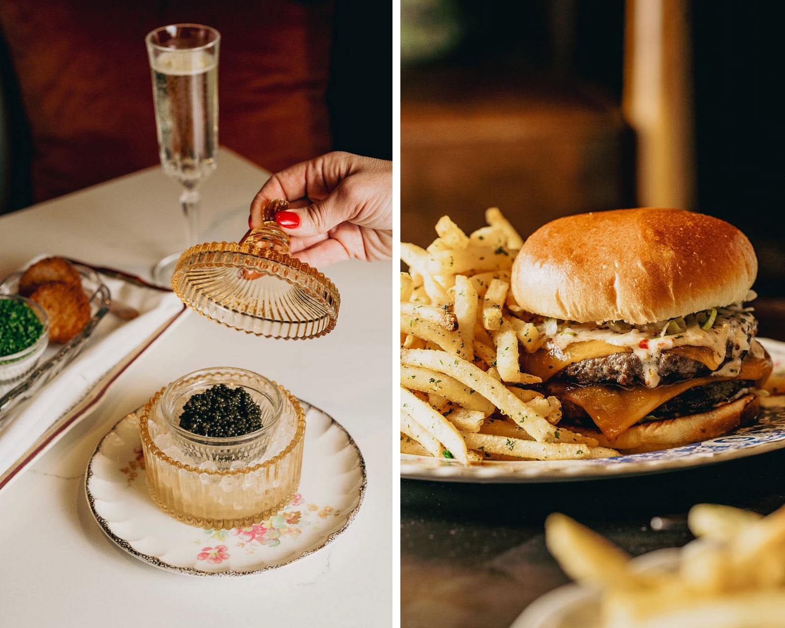 Hors-d’œuvre au caviar Ossetra et hamburger « Dirty Rotten Scoundrel ». © Savannah Bockus/Scoundrel