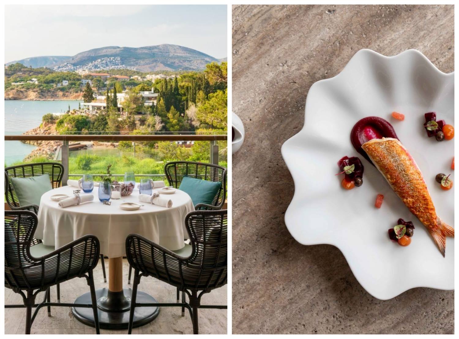At the MICHELIN-Starred Pelagos, it's all about the cuisine — but also the views of the rocky bay. © Katerina Avgerinou/Pelagos, © Elise Quiniou/Pelagos